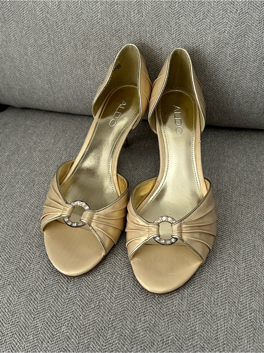 Aldo Women's Gold Peep-Toe Heels with Rhinestone Accent